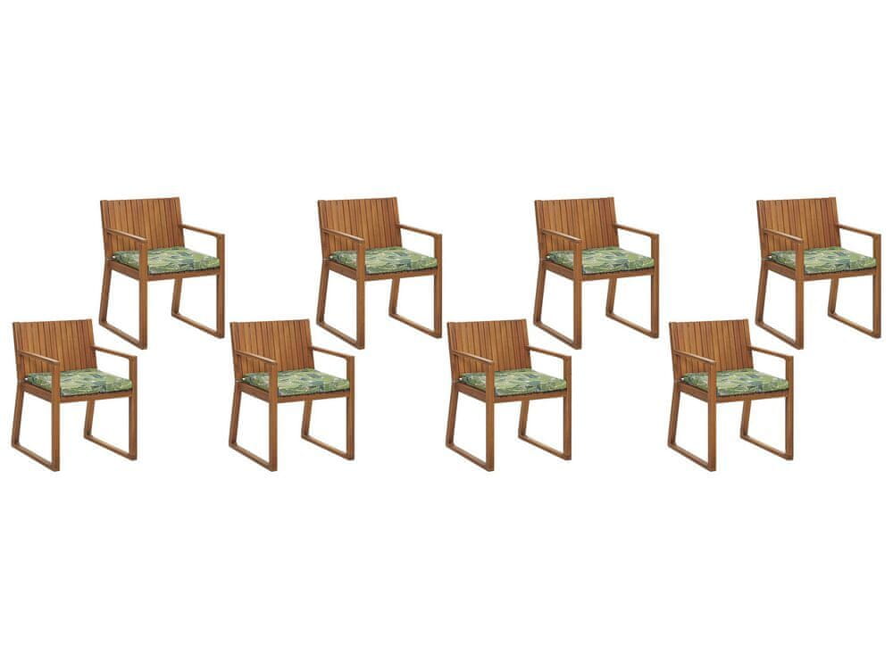 Beliani Sada 8 záhradných jedálenských stoličiek z akáciového dreva s podsedákmi s listovým vzorom zelená SASSARI